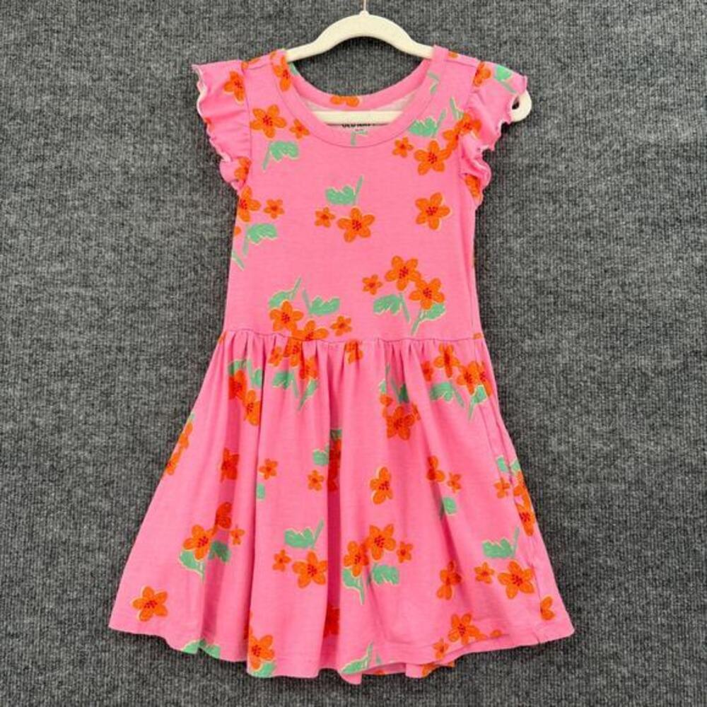 Old Navy Girls Floral Flutter Sleeve Dress Size XS 5 Pink Jersey Knit Pockets